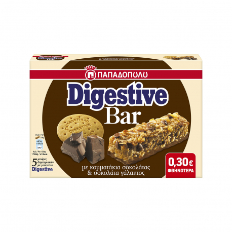 Παπαδοπούλου μπάρα δημητριακών με μπισκότο digestive κομμάτια σοκολάτας & σοκολάτα γάλακτος (5x28g) (-0.3€)