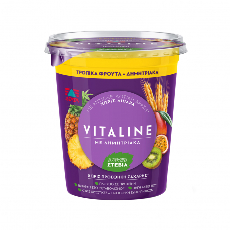 Δέλτα επιδόρπιο γιαουρτιού αγελάδος vitaline 0% λιπαρά/ τροπικά φρούτα & δημητριακά - (380g)
