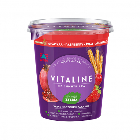Δέλτα επιδόρπιο γιαουρτιού αγελάδος vitaline 0% λιπαρά/ φράουλα, raspberry, ρόδι & δημητριακά - (380g)