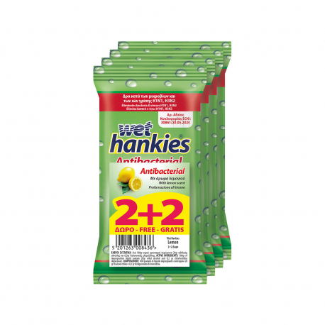 Wet hankies υγρομάντηλα χεριών clean & protect lemon/ αντιβακτηριδιακά (15τεμ.) (2+2)