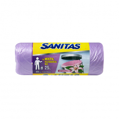 Sanitas μικρές σακούλες απορριμμάτων αρωματικές μωβ, για καλαθάκια μπάνιου 46X56εκ. (30τεμ.)