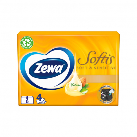 Zewa χαρτομάντηλα τσέπης softis, soft & sensitive balsam with almond oil & aloe vera (6x22g)