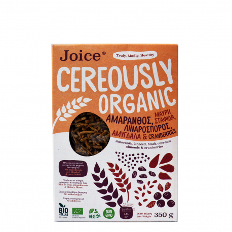 Joice foods δημητριακά cereously organic με αμάρανθο, λιναρόσπορο, μαύρη σταφίδα, αμύγδαλα & cranberries - βιολογικό, χωρίς προσθήκη ζάχαρης, vegan (350g)