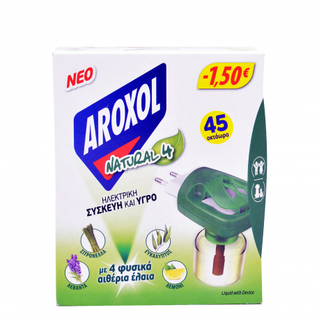 Aroxol συσκευή εντομοαπωθητική & ανταλλακτικό υγρό natural 4 με 4 φυσικά αιθέρια έλαια 45 οκτάωρα (22.5ml) (-1.5€)