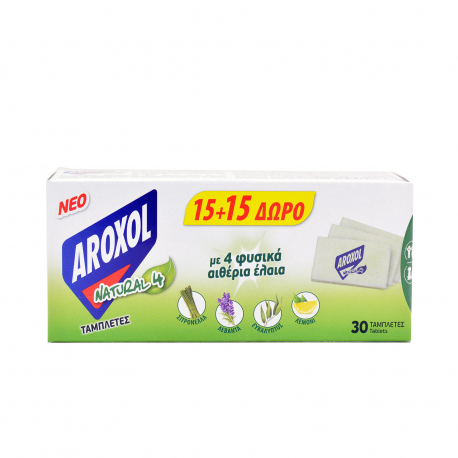 Aroxol ταμπλέτες εντομοαπωθητικές natural 4 με 4 φυσικά αιθέρια έλαια (15τεμ.) (15τεμ. περισσότερο προϊόν)