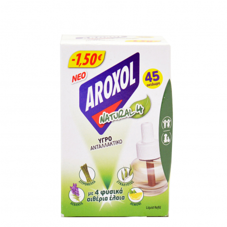 Aroxol υγρό ανταλλακτικό εντομοαπωθητικό natural 4 με 4 φυσικά αιθέρια έλαια 45 οκτάωρα (22.5ml) (-1.5€)