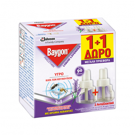 Baygon υγρό ανταλλακτικό εντομοαπωθητικό liquid άρωμα λεβάντας 90 νύχτες (27ml) (1+1)