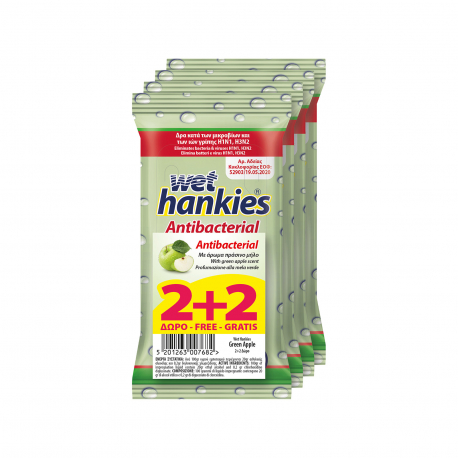 Wet hankies υγρομάντηλα χεριών clean & refresh αντιβακτηριδιακά με άρωμα πράσινο μήλο (15τεμ.) (2+2)