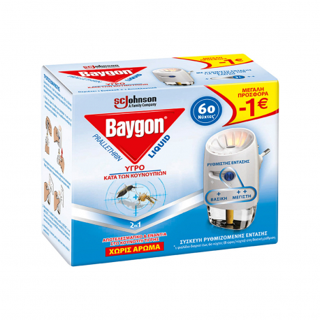 Baygon συσκευή εντομοαπωθητική & ανταλλακτικό υγρό liquid χωρίς άρωμα 60 νύχτες (36ml) (-1€)