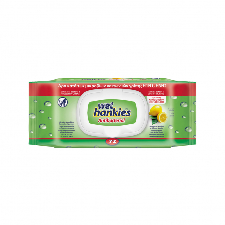 Wet hankies υγρομάντηλα χεριών clean & refresh lemon/ αντιβακτηριδιακά (72τεμ.)