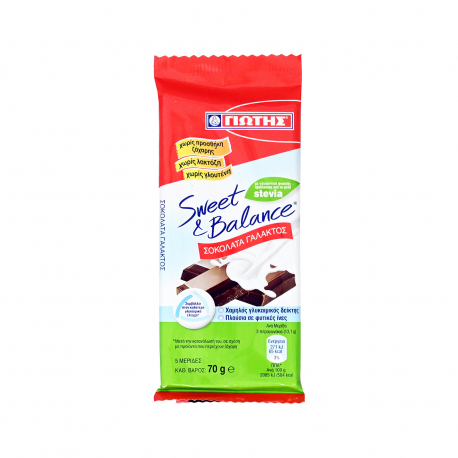 Balance σοκολάτα γάλακτος sweet & balance - χωρίς γλουτένη, χωρίς λακτόζη, χωρίς προσθήκη ζάχαρης (70g)