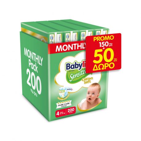 Babylino πάνες παιδικές sensitive cotton soft Nο. 4/ 8-13kg - web offer (150τεμ.) (50τεμ. περισσότερο προϊόν)