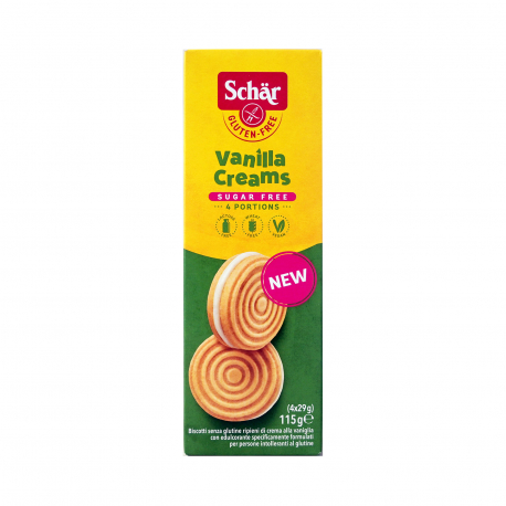 Schar μπισκότα γεμιστά vanilla creams - χωρίς γλουτένη, χωρίς λακτόζη, χωρίς ζάχαρη, vegan (115g)