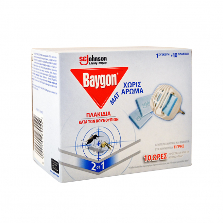 Baygon συσκευή εντομοαπωθητική & ταμπλέτες ματ χωρίς άρωμα 1 συσκευή + 10 ταμπλέτες (10τεμ.)