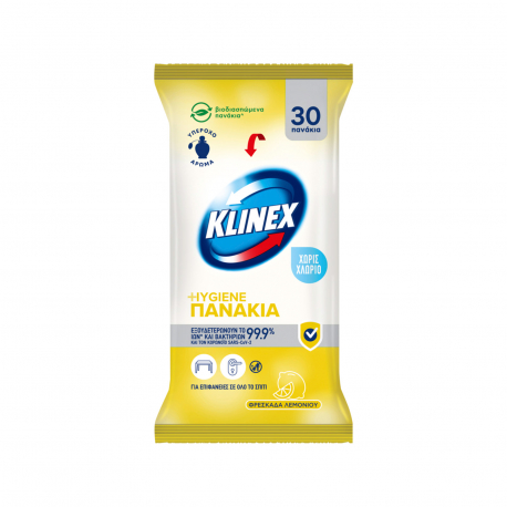 Klinex υγρά πανάκια καθαρισμού επιφανειών χωρίς χλώριο λεμόνι (30τεμ.)