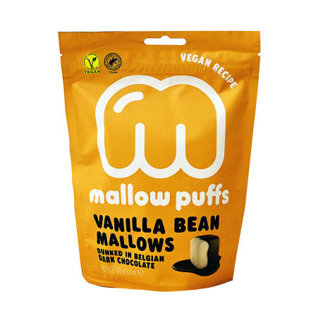Mallow puffs ζαχαρωτά marshmallows vanilla bean in dark chocolate - νέο προϊόν, vegan (100g)