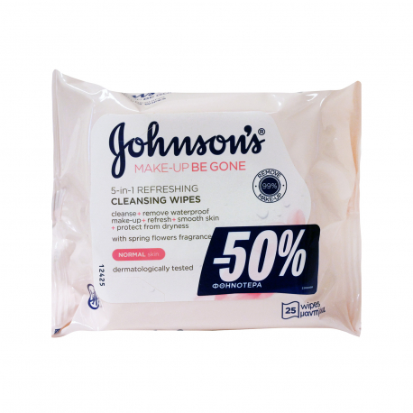 Johnson's υγρά μαντηλάκια ντεμακιγιάζ normal skin (25τεμ.) (50% φθηνότερα)
