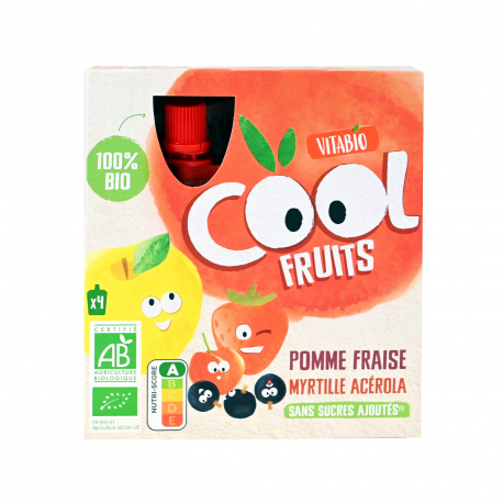 Vitabio επιδόρπιο φρούτων cool fruits μήλο, φράουλα, μύρτιλο-ασερόλα - βιολογικό, χωρίς προσθήκη ζάχαρης (90g)