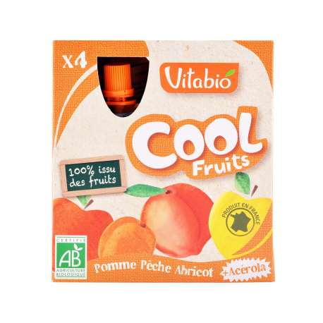 Vitabio επιδόρπιο φρούτων cool fruits μήλο-ροδάκινο-βερίκοκο-ασερόλα - βιολογικό, χωρίς προσθήκη ζάχαρης (90g)